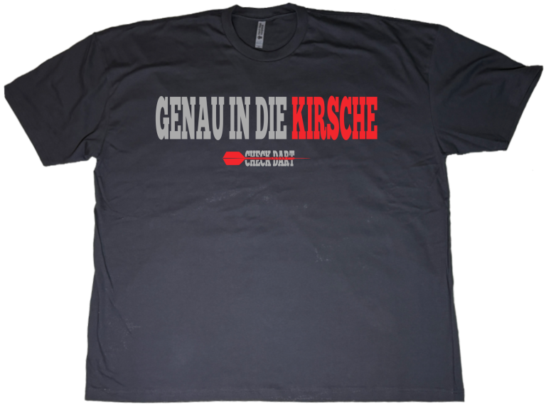 Anthrazitfarbenes Shirt mit Text GENAU IN DIE KIRSCHE und Logo CHECK DART
